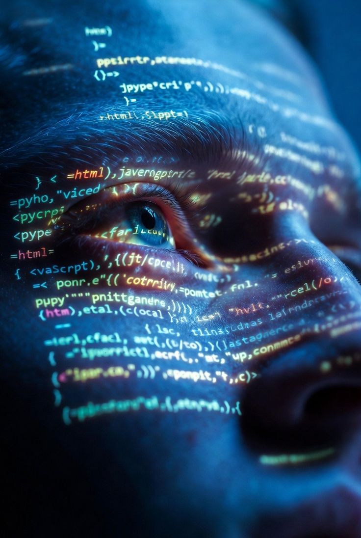 Rostro iluminado por código para representar desarrollo web y contenidos digitales