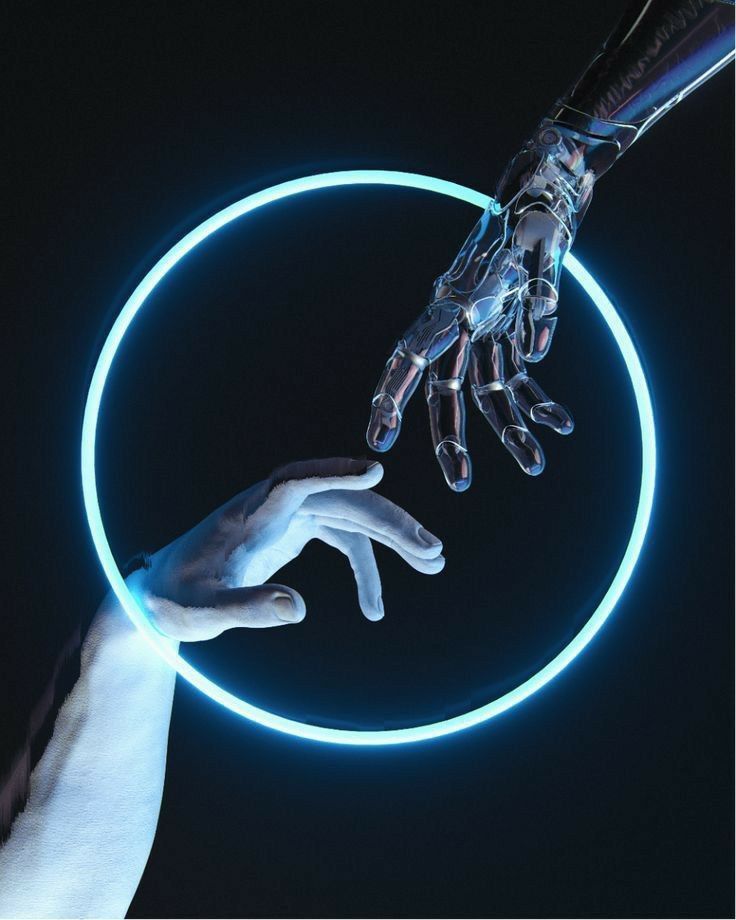 Mano humana y mano robótica aproximándose dentro de un círculo de luz